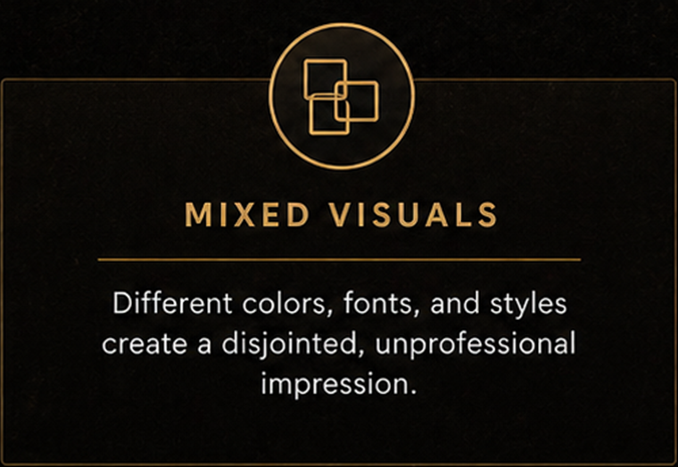 Mixed visuals: different colors, fonts, and styles create a disjointed, unprofessional impression.